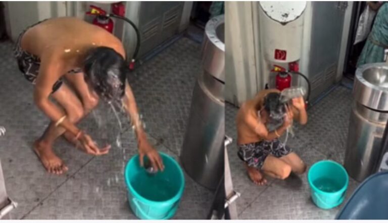 झांसी:ट्रेन के अंदर बाल्टी और मग लेकर नहाने लगा युवक, वीडियो वायरल, झांसी के आसपास का मामला।
